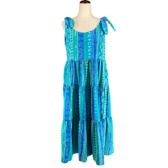 Vtg 80s 90s Two Potato Blue Artsy Midi Tiered Tie Shoulder Dress M Resort Wear - Picture 1 of 16